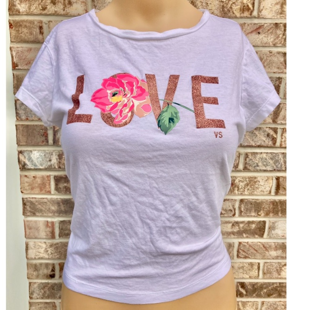 Victorias Secret Graphic White & Gold/Pink Sparkly Tshirt